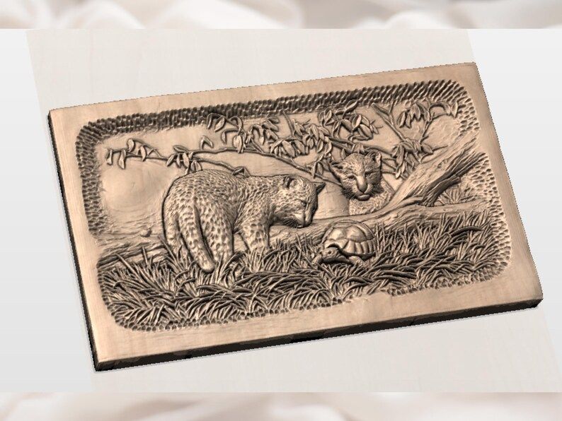 Leopard Cubs and Tortoise Bas-Relief STL Wildlife Scene bas-relief STL — view 2