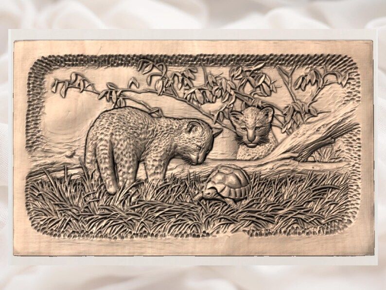 Leopard Cubs and Tortoise Bas-Relief STL Wildlife Scene bas-relief STL — view 3