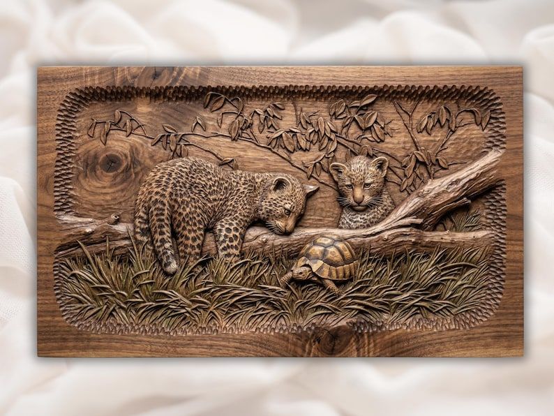 Leopard Cubs and Tortoise Bas-Relief STL Wildlife Scene bas-relief STL design