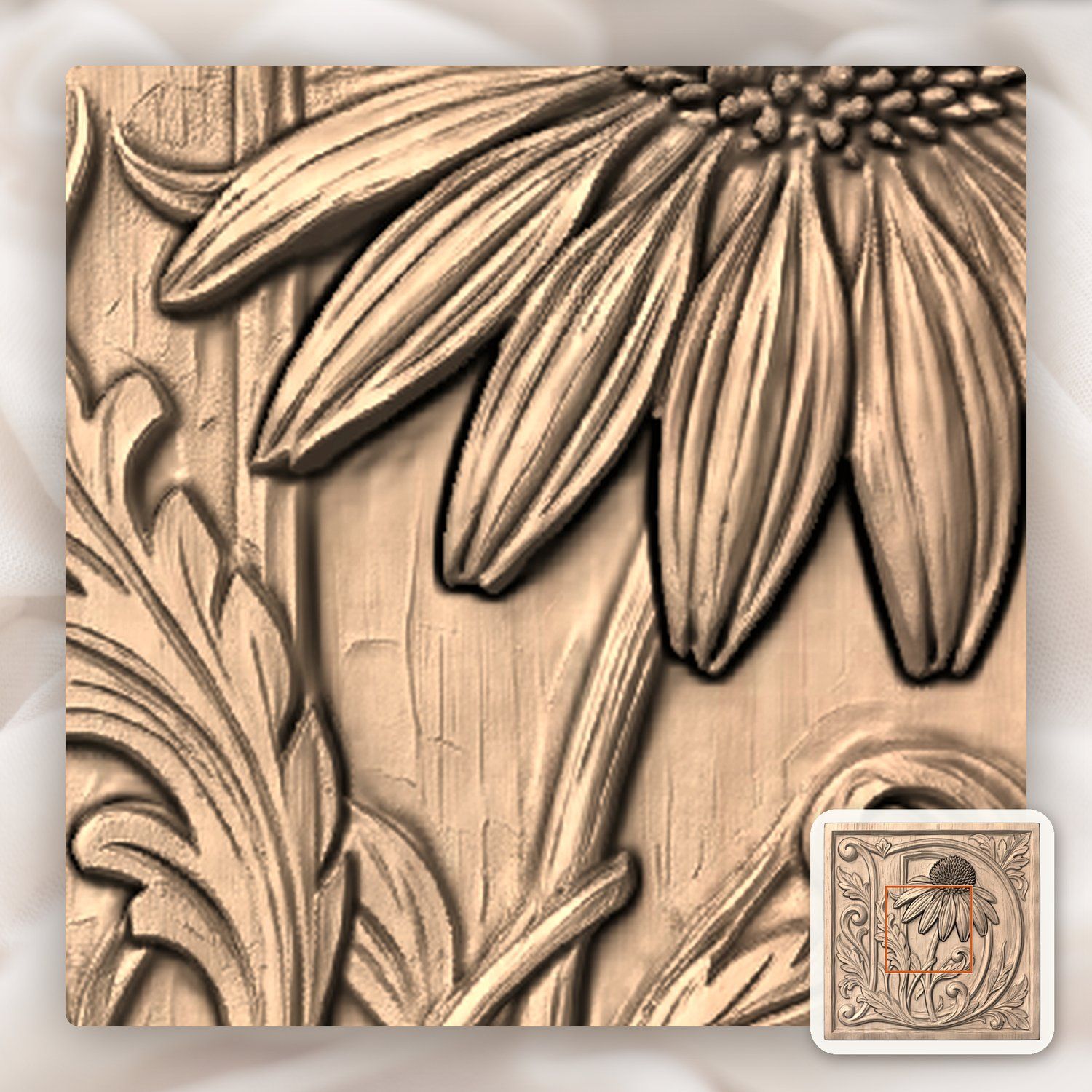 Letter D Monogram Flower CNC Relief STL bas-relief STL — view 5