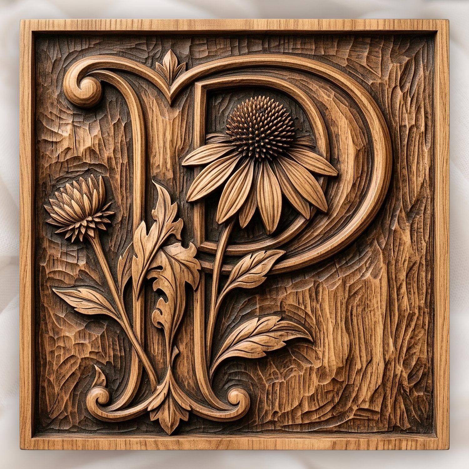 Letter P Echinacea Monogram CNC Relief STL bas-relief STL design