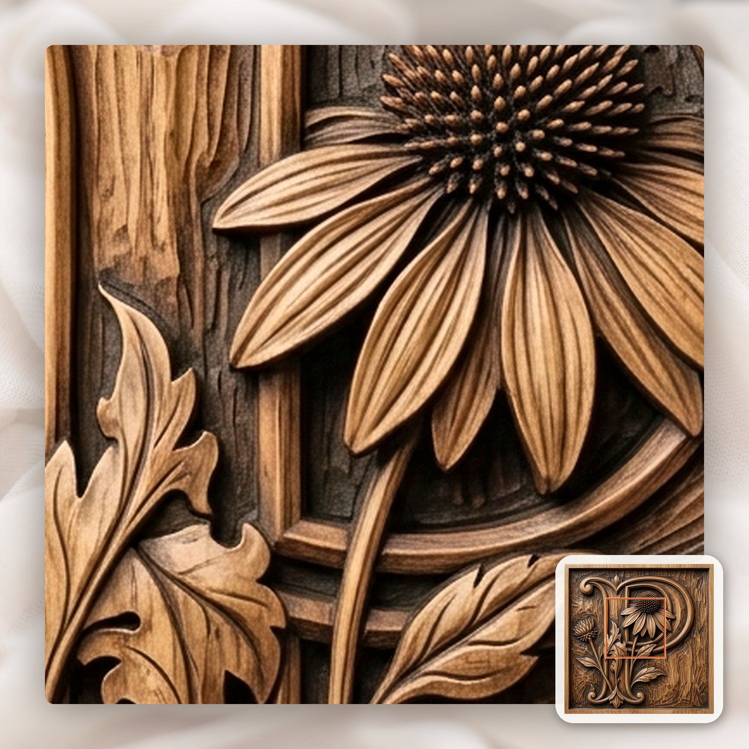 Letter P Echinacea Monogram CNC Relief STL bas-relief STL — view 9