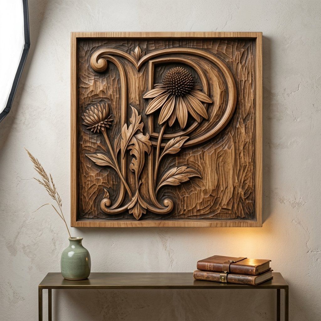 Letter P Echinacea Monogram CNC Relief STL bas-relief STL — view 12