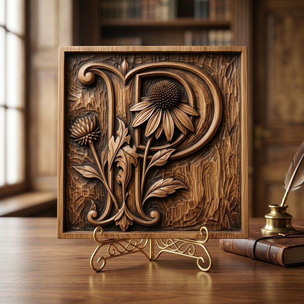 Letter P Echinacea Monogram CNC Relief STL bas-relief STL — view 13