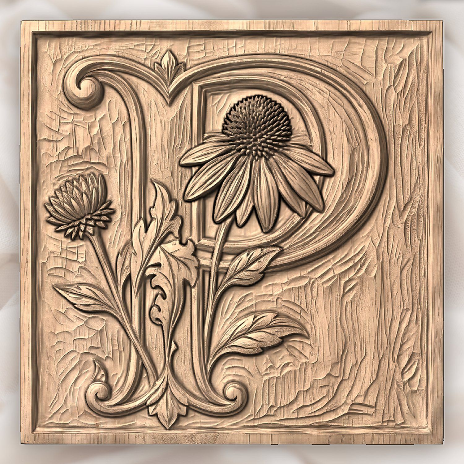 Letter P Echinacea Monogram CNC Relief STL bas-relief STL — view 2