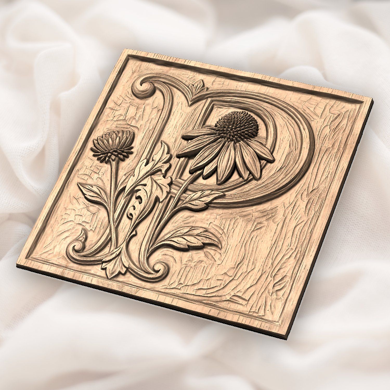 Letter P Echinacea Monogram CNC Relief STL bas-relief STL — view 3