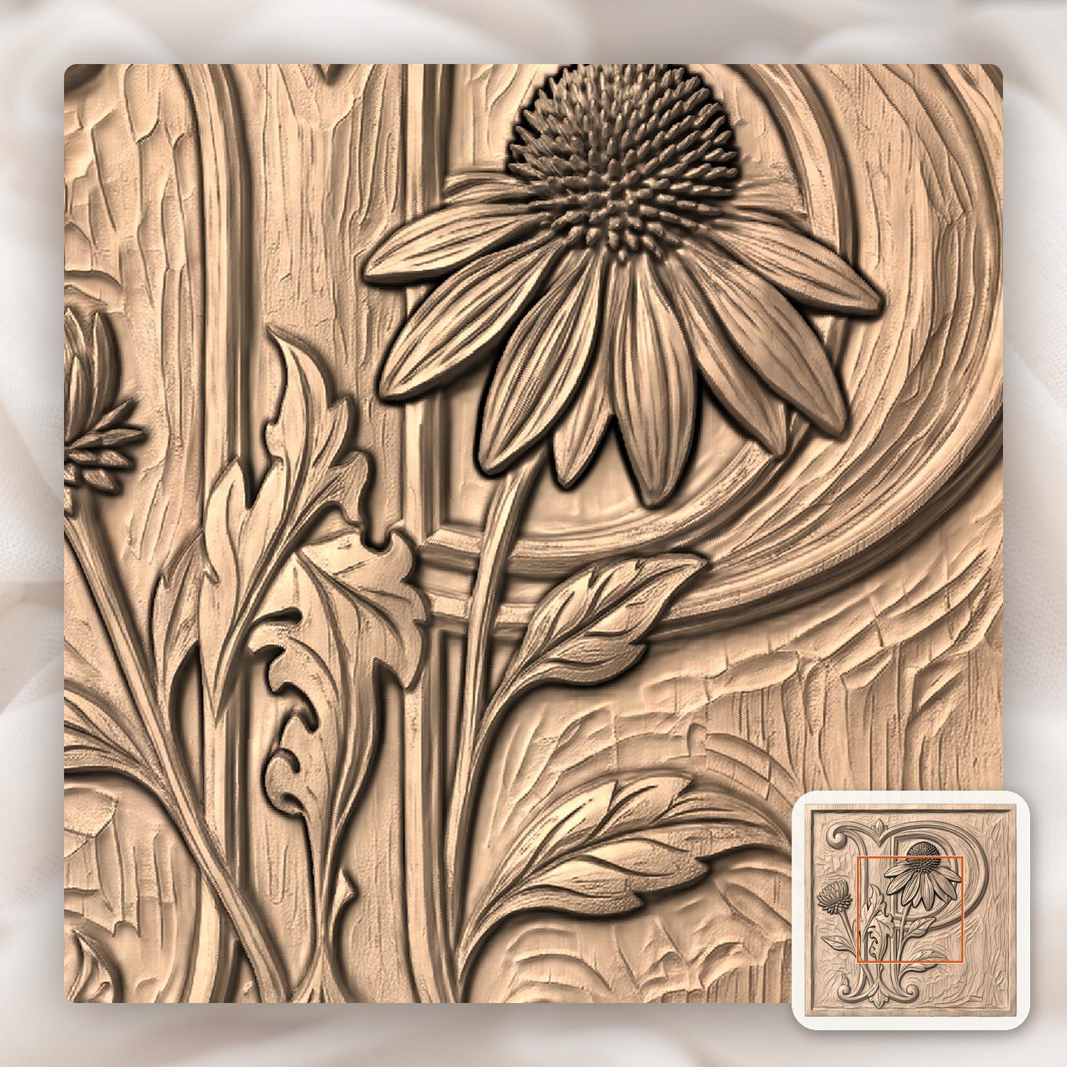 Letter P Echinacea Monogram CNC Relief STL bas-relief STL — view 4