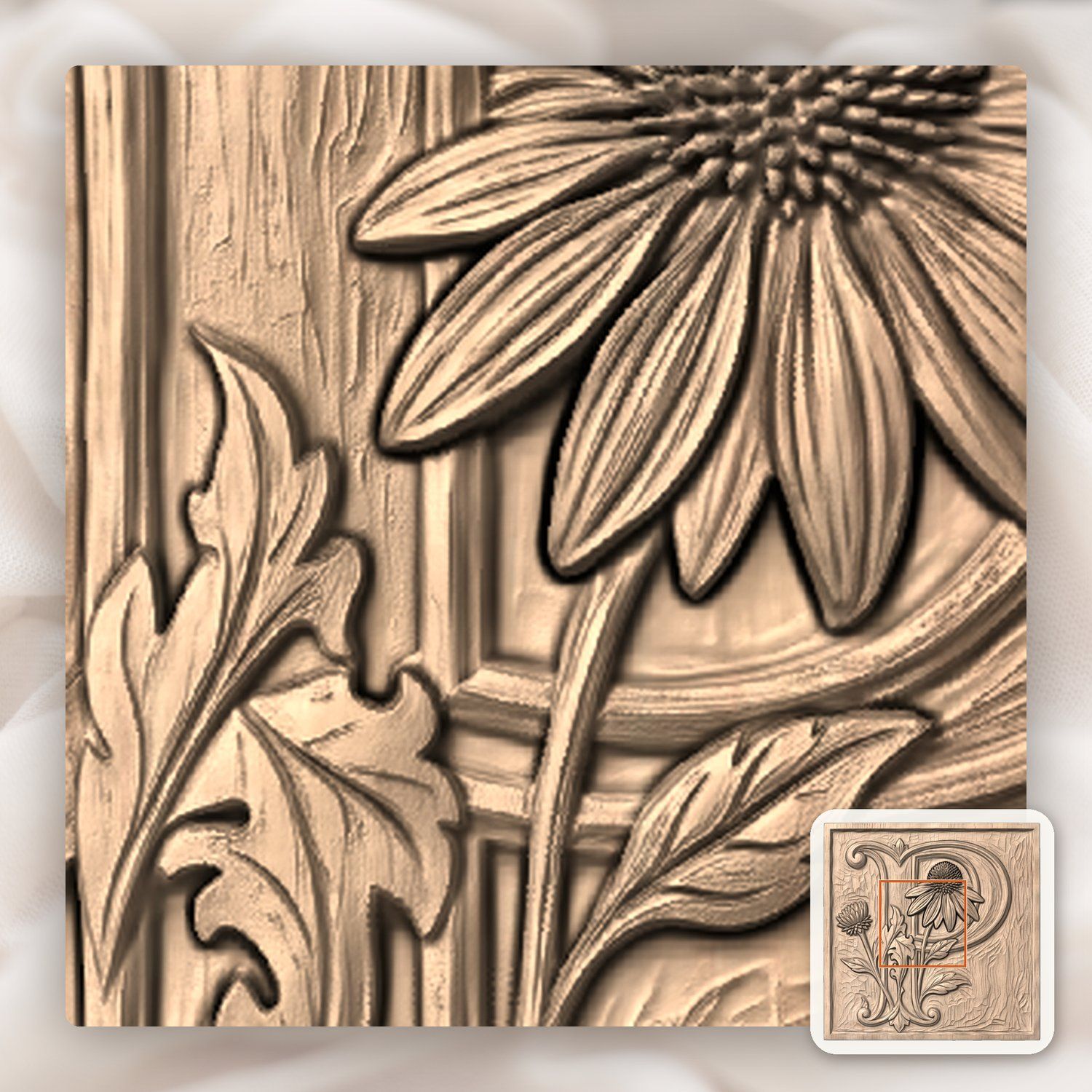 Letter P Echinacea Monogram CNC Relief STL bas-relief STL — view 5