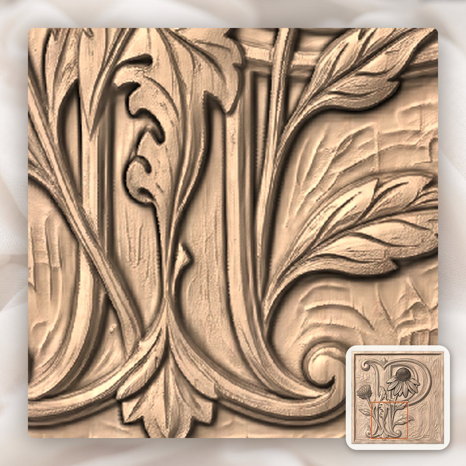 Letter P Echinacea Monogram CNC Relief STL bas-relief STL — view 6