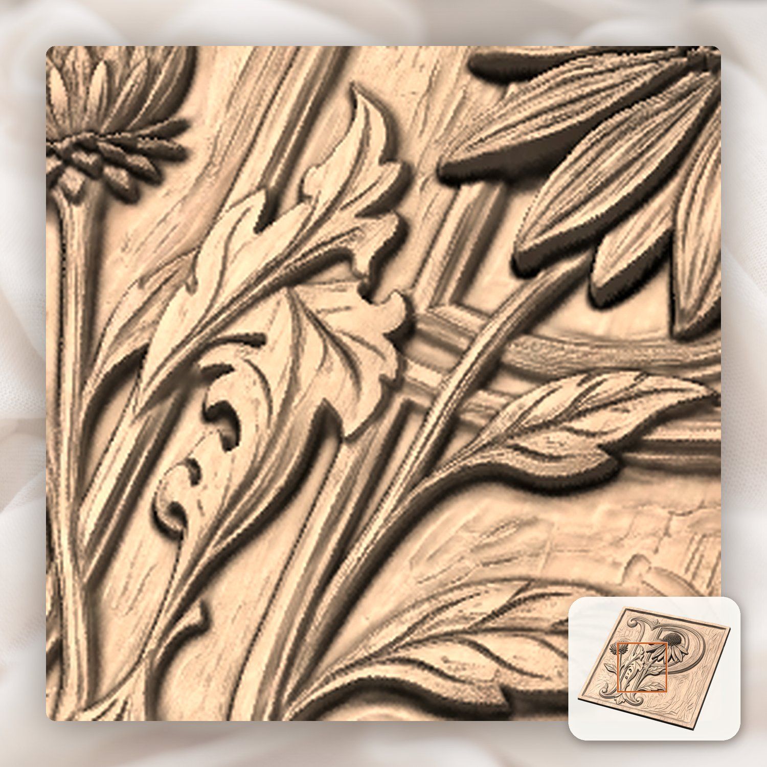 Letter P Echinacea Monogram CNC Relief STL bas-relief STL — view 7