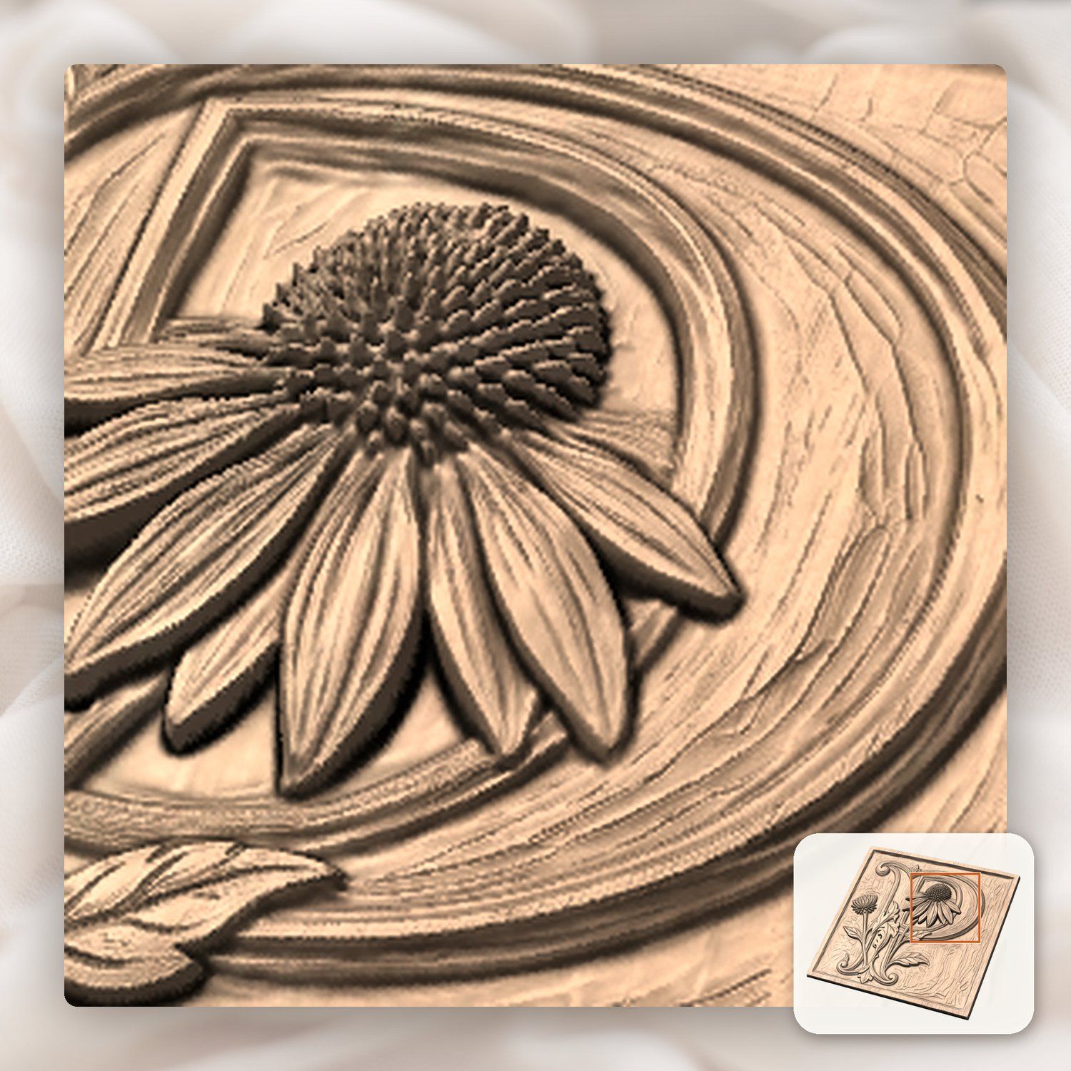 Letter P Echinacea Monogram CNC Relief STL bas-relief STL — view 8
