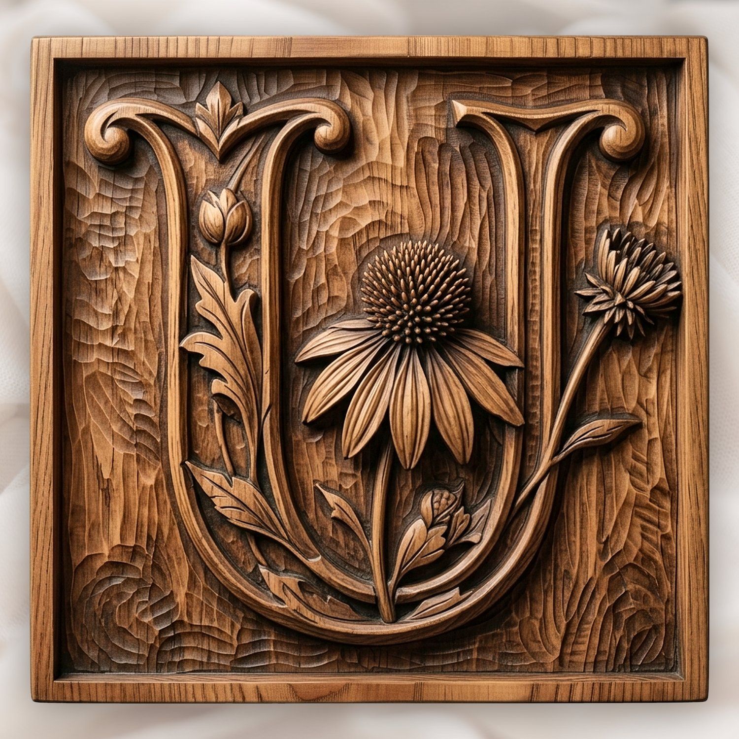 Letter U Echinacea Floral Monogram CNC Relief STL bas-relief STL design