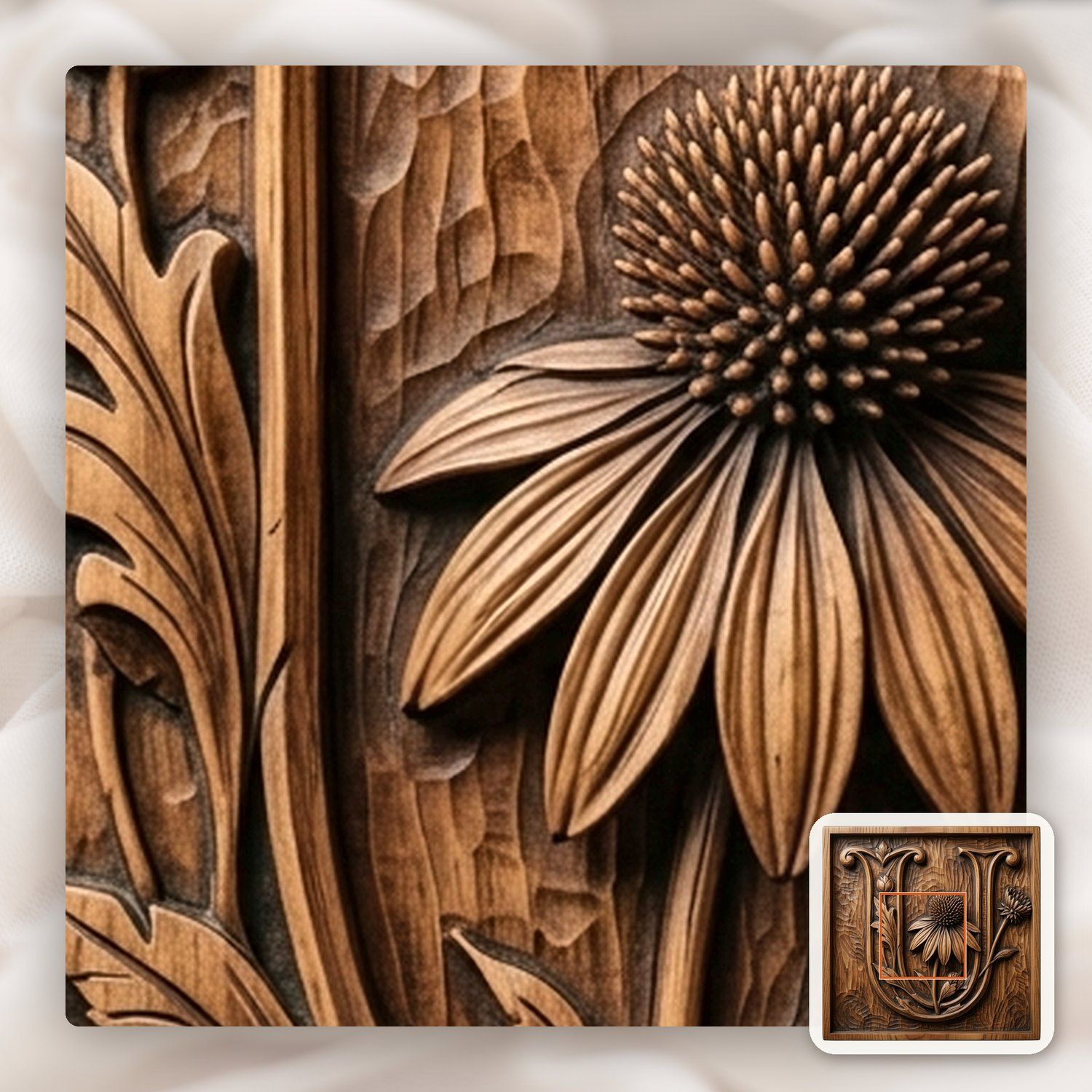 Letter U Echinacea Floral Monogram CNC Relief STL bas-relief STL — view 9