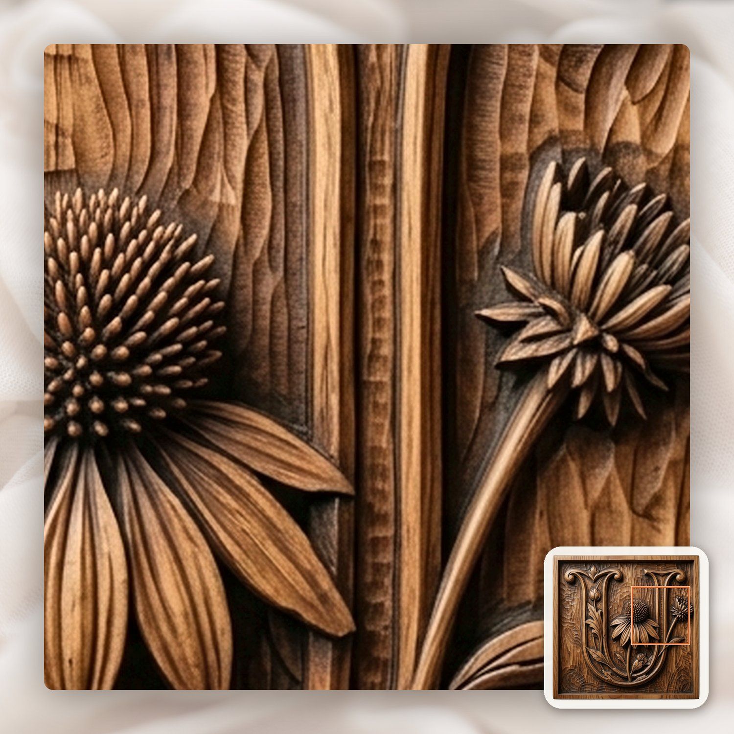 Letter U Echinacea Floral Monogram CNC Relief STL bas-relief STL — view 10