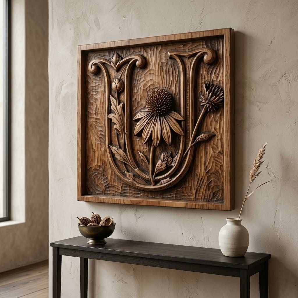 Letter U Echinacea Floral Monogram CNC Relief STL bas-relief STL — view 12