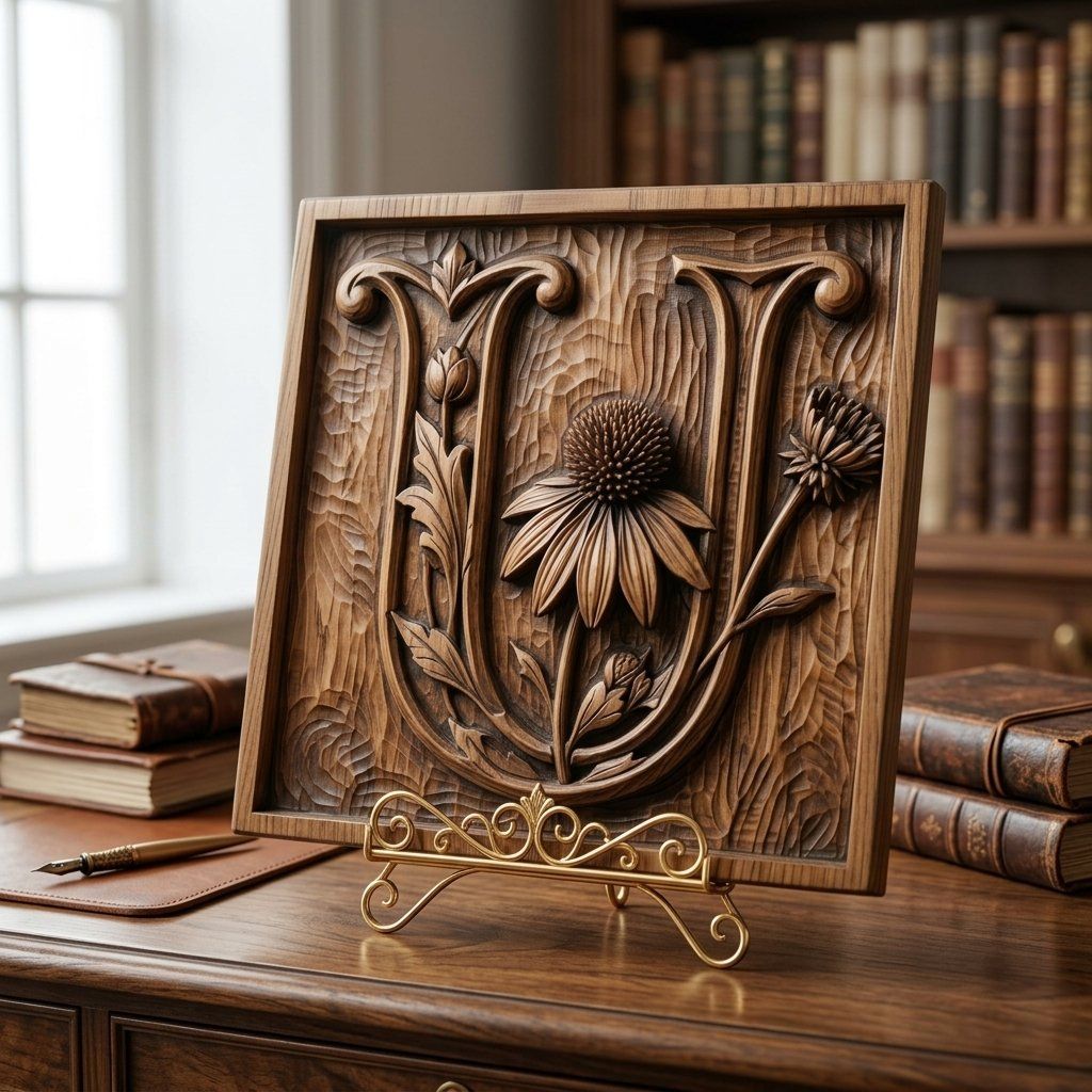 Letter U Echinacea Floral Monogram CNC Relief STL bas-relief STL — view 13