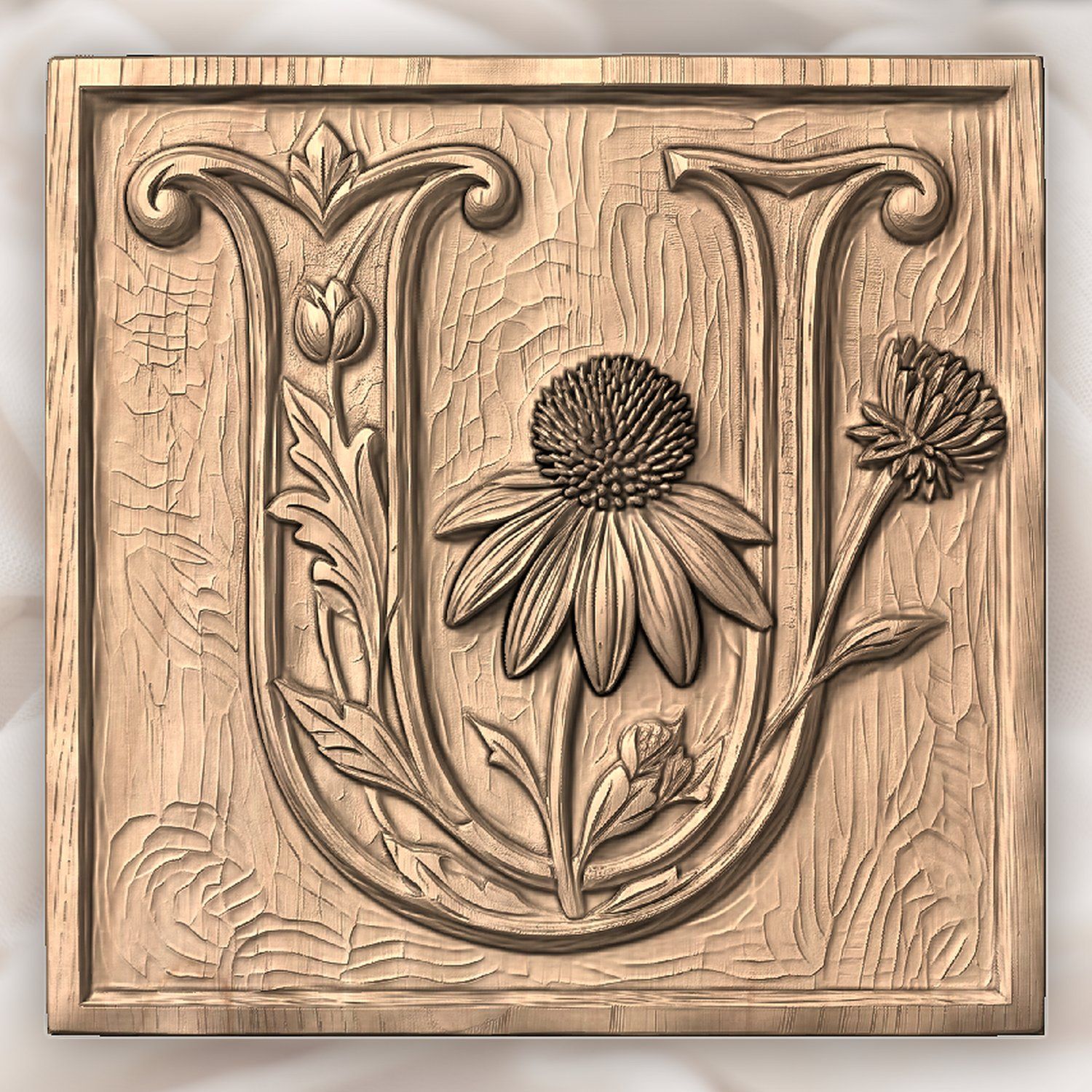Letter U Echinacea Floral Monogram CNC Relief STL bas-relief STL — view 2