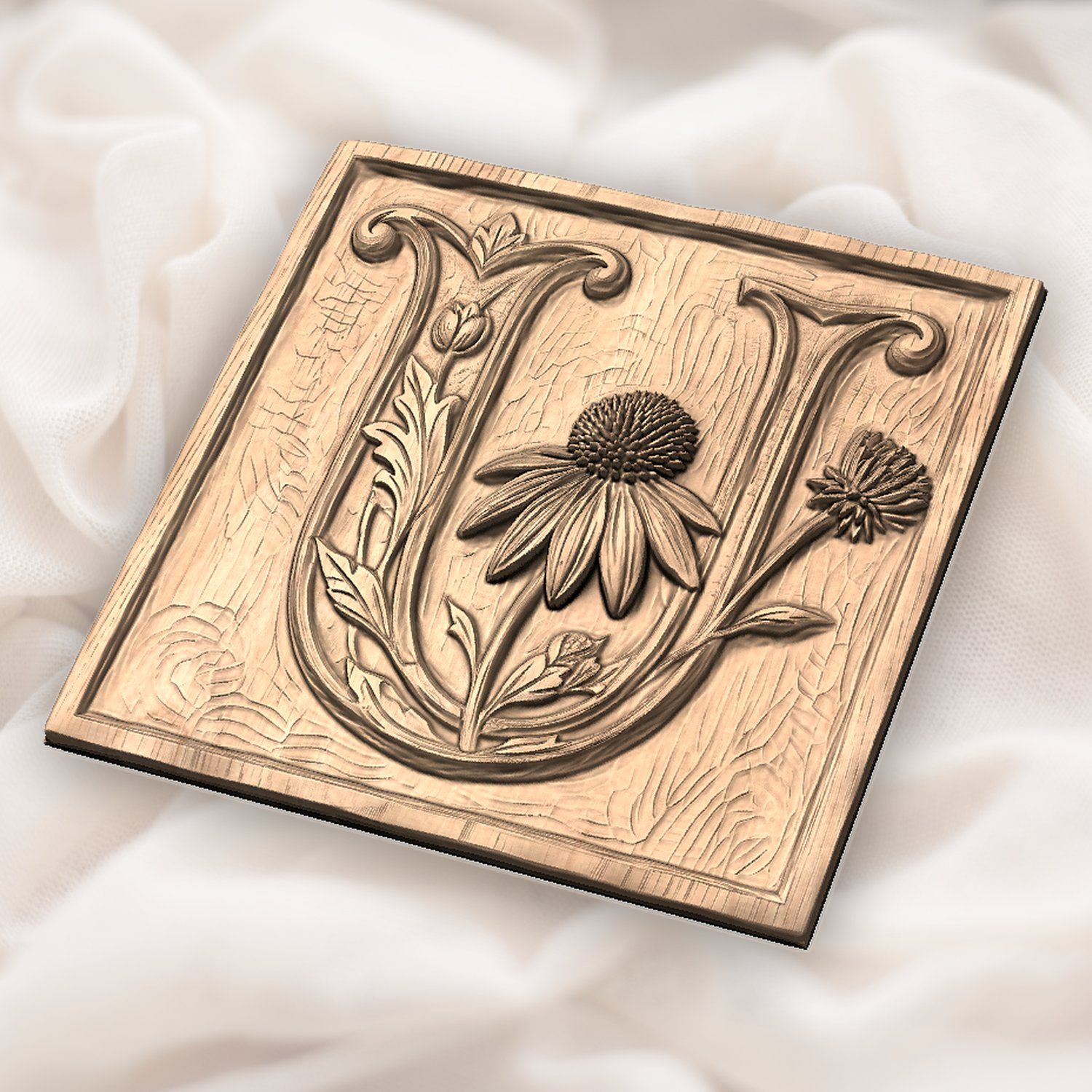 Letter U Echinacea Floral Monogram CNC Relief STL bas-relief STL — view 3