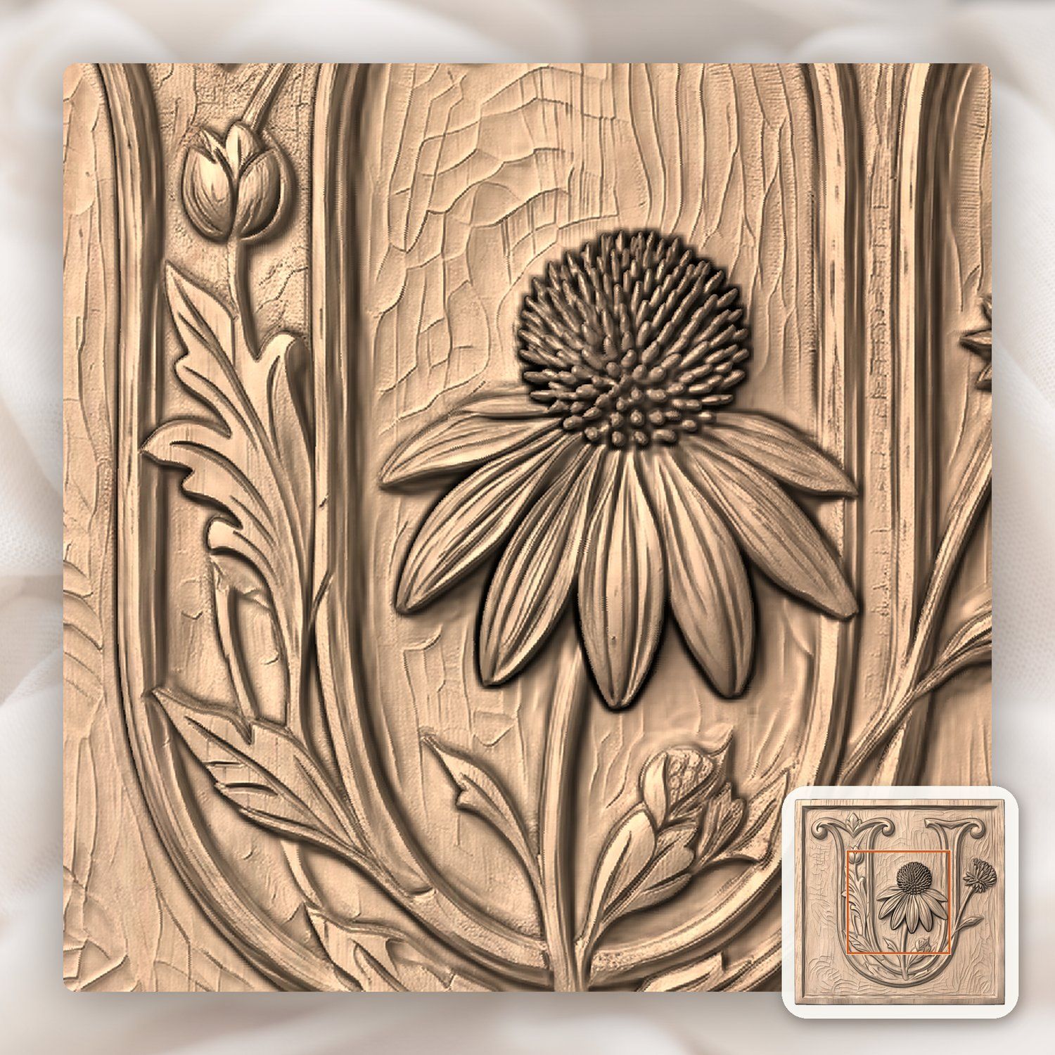Letter U Echinacea Floral Monogram CNC Relief STL bas-relief STL — view 4