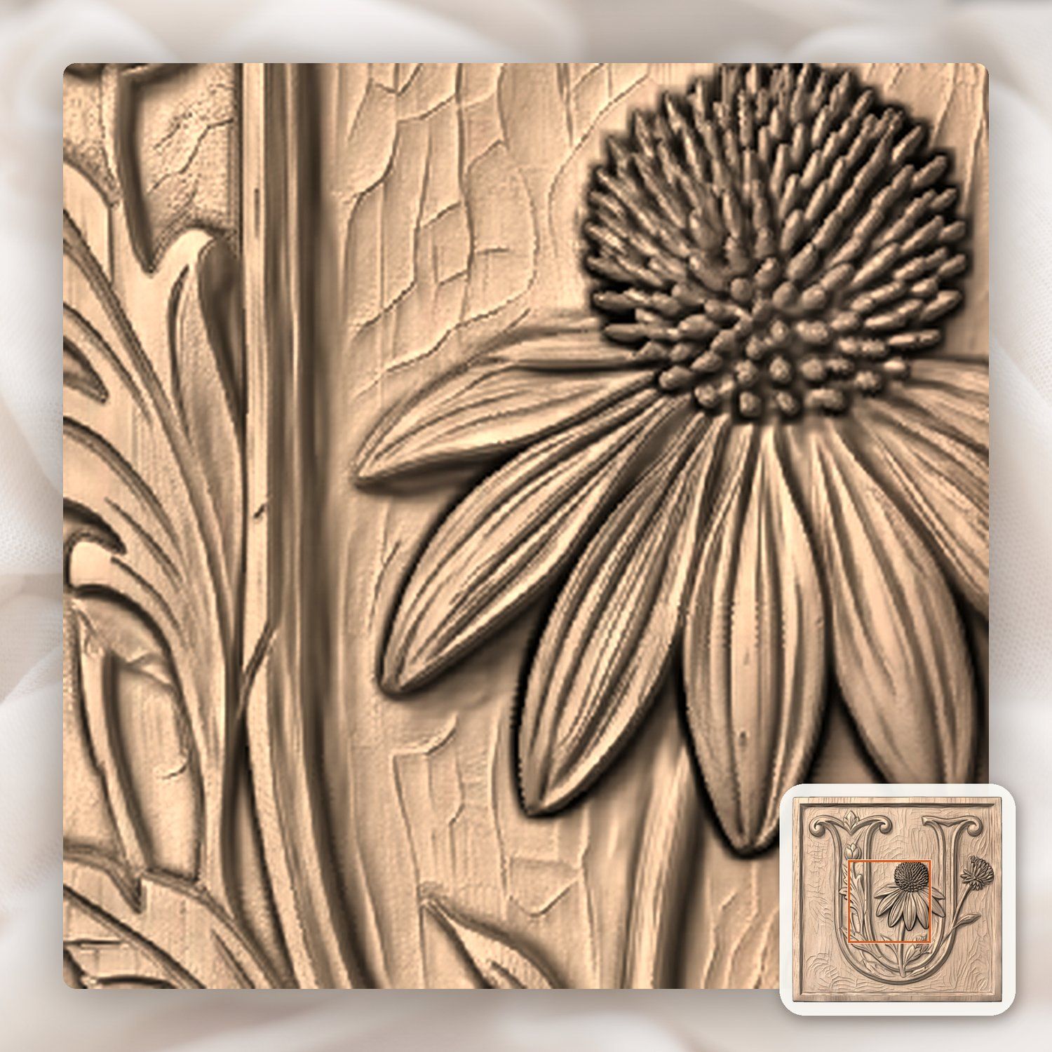Letter U Echinacea Floral Monogram CNC Relief STL bas-relief STL — view 5