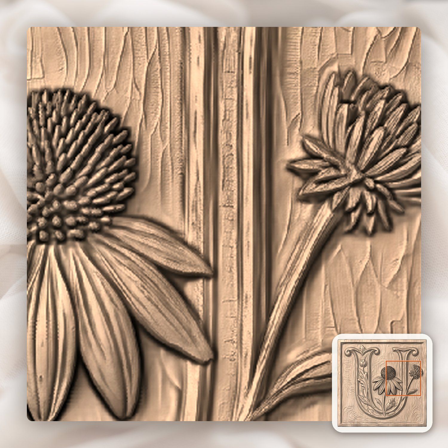 Letter U Echinacea Floral Monogram CNC Relief STL bas-relief STL — view 6