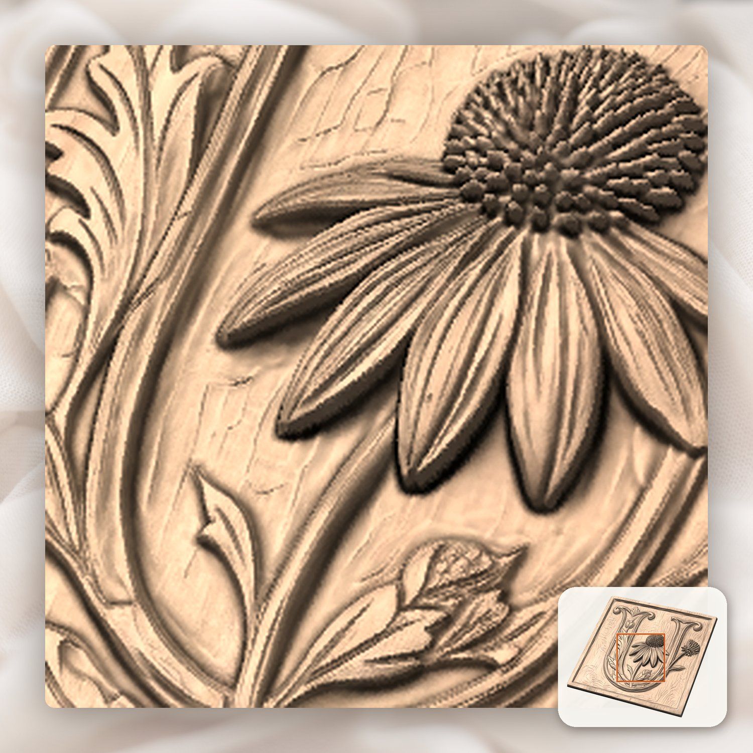 Letter U Echinacea Floral Monogram CNC Relief STL bas-relief STL — view 7