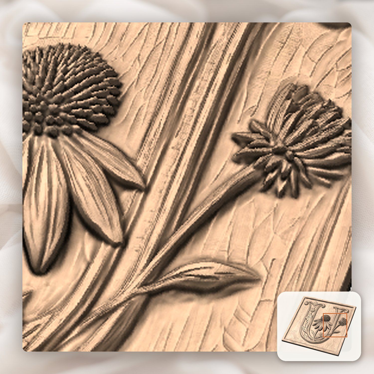 Letter U Echinacea Floral Monogram CNC Relief STL bas-relief STL — view 8