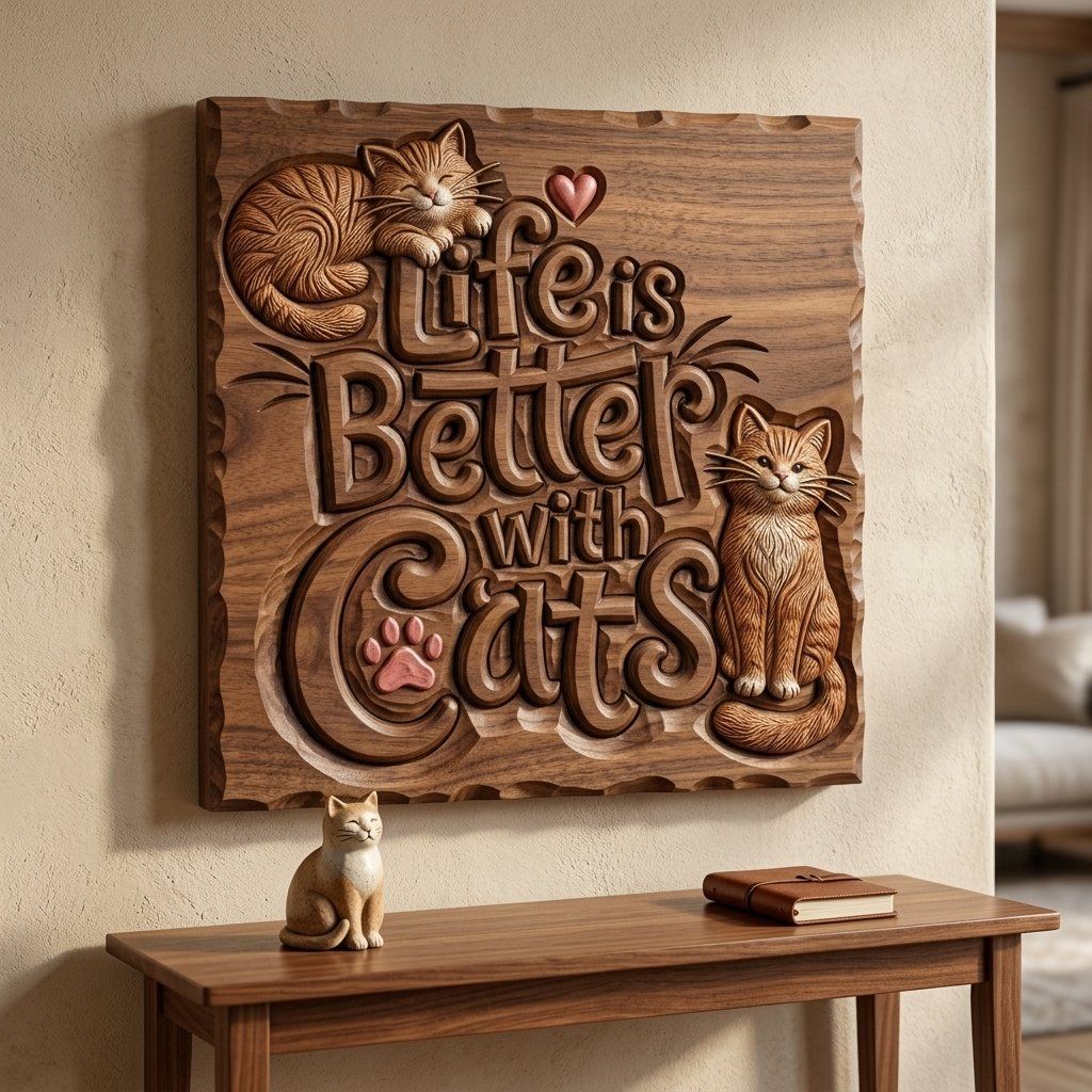 Life Is Better With Cats Sign CNC Relief STL bas-relief STL — view 6