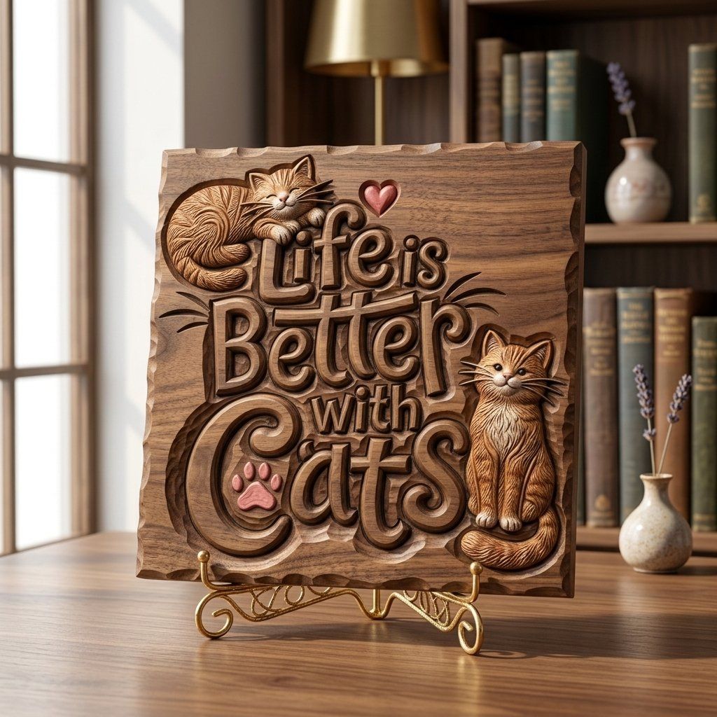 Life Is Better With Cats Sign CNC Relief STL bas-relief STL — view 7