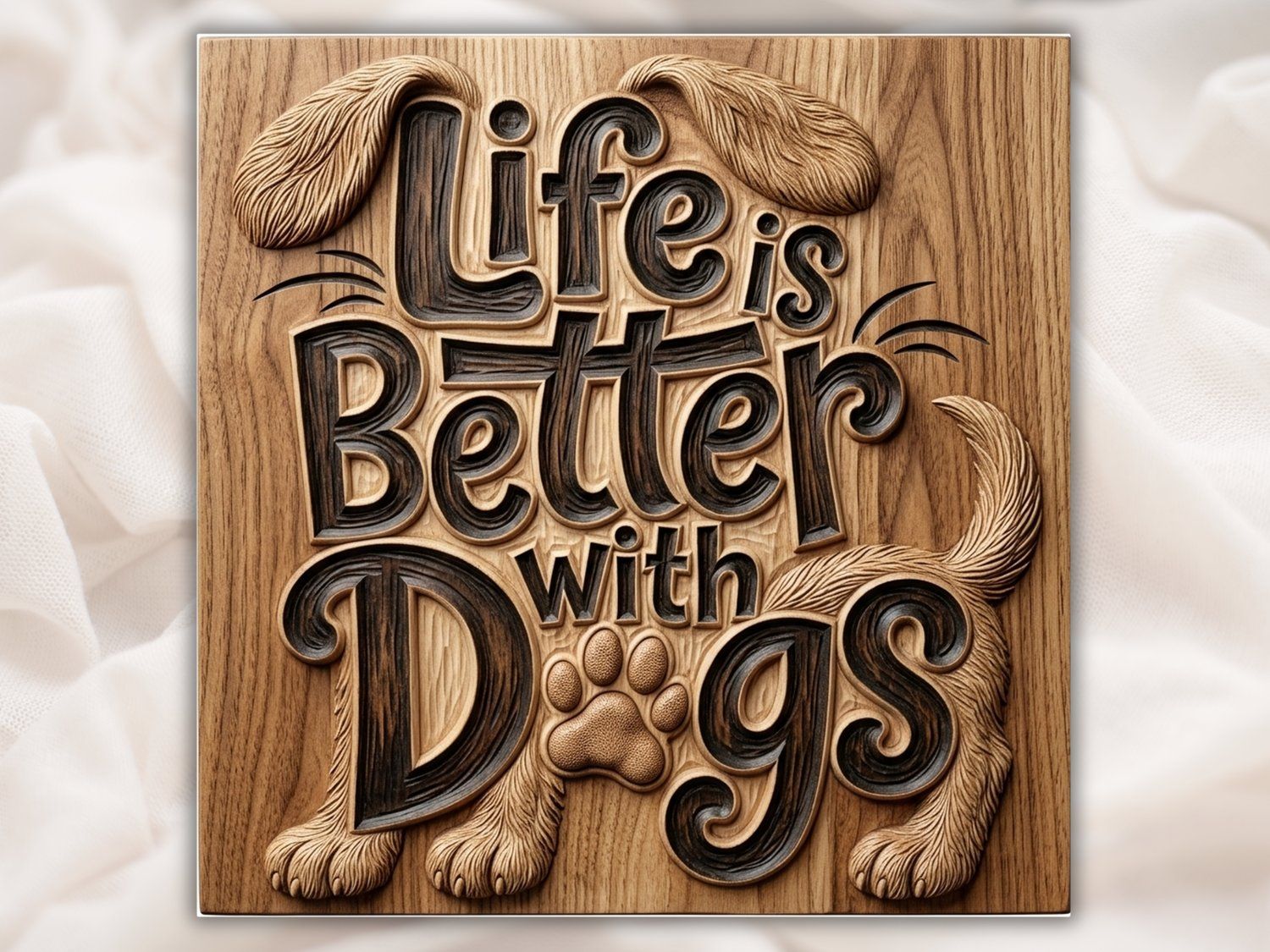Life Is Better With Dogs Sign Wood Panel CNC Relief STL | Pet Lovers Wall Art | Canine Home Decor Gift | Aspire VCarve Carveco — carved bas relief STL file for CNC