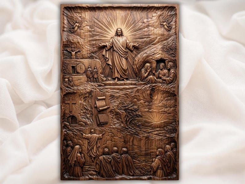 Carved wood bas-relief of Jesus with arms open, angels, empty tomb, cross, Bible, and disciples in Bible scenes