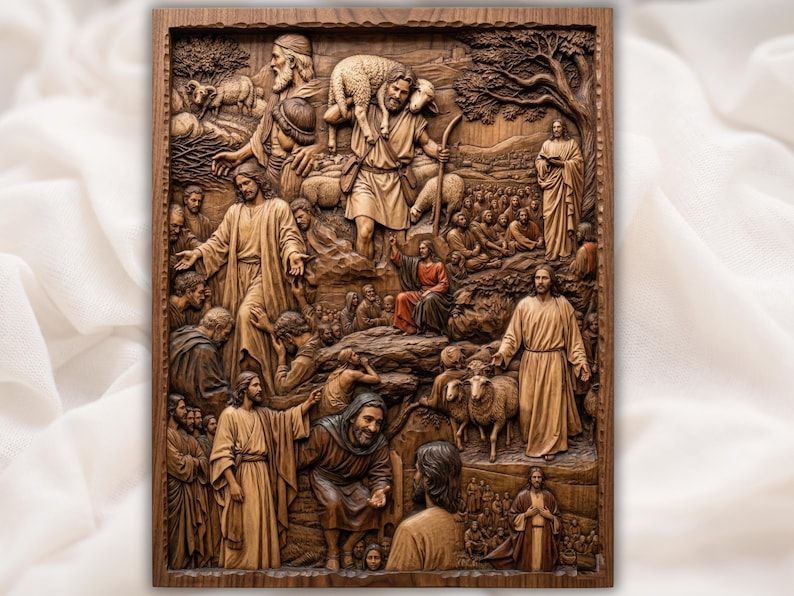 Carved wood bas-relief of Life of Jesus scenes with the Good Shepherd carrying a lamb and crowds praying
