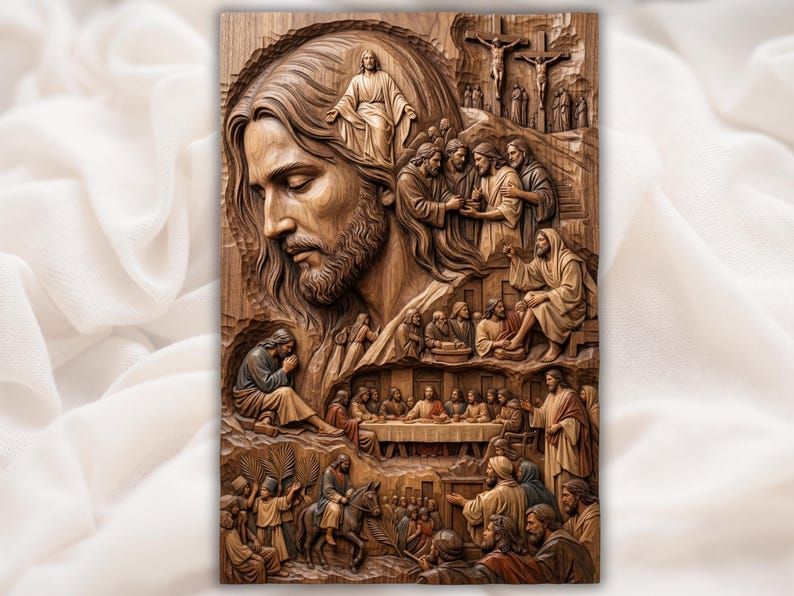 Wood bas-relief of Jesus portrait surrounded by Last Supper, Palm Sunday, prayer, and Crucifixion scenes