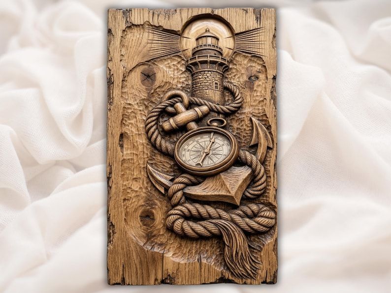 Carved wood relief of a lighthouse above an anchor wrapped in rope with a brass compass centerpiece.