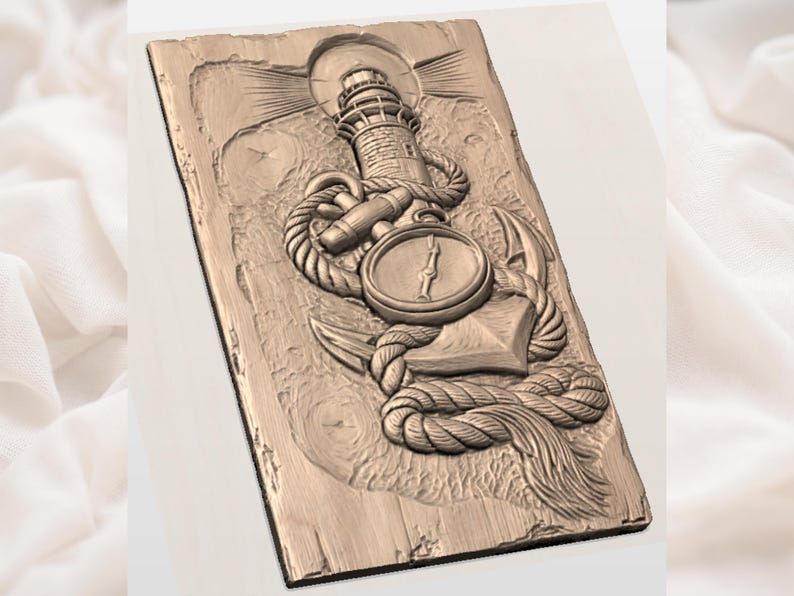 Lighthouse, Anchor and Compass Nautical Bas-Relief STL bas-relief STL — view 2
