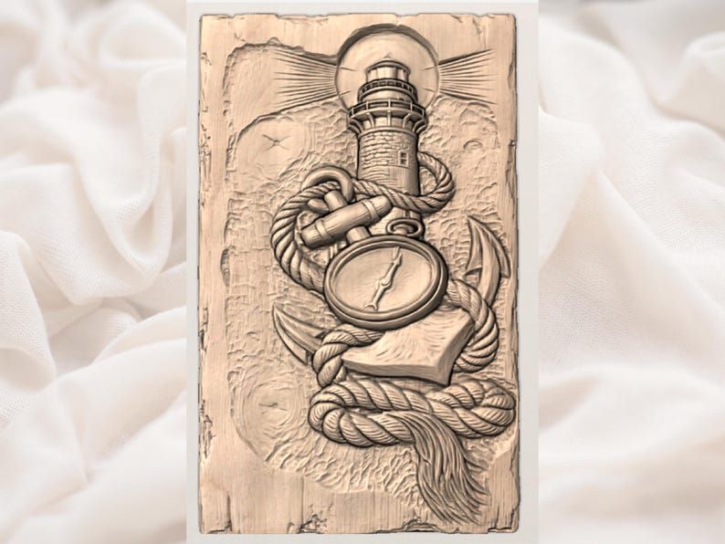 Lighthouse, Anchor and Compass Nautical Bas-Relief STL bas-relief STL — view 3
