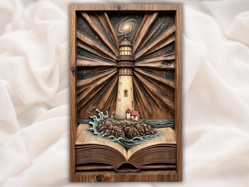 Bas-relief carving of a lighthouse rising from an open book over ocean waves under a starry galaxy sky
