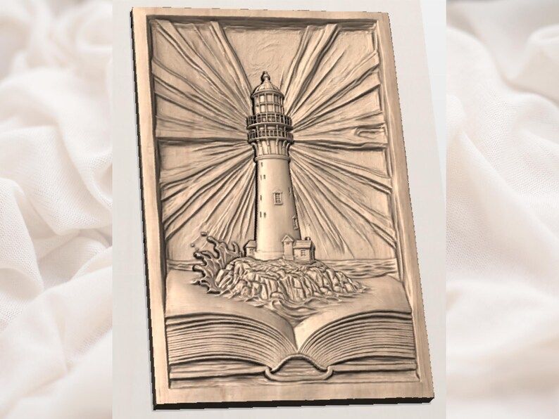 Lighthouse Rising From an Open Book Bas-Relief STL bas-relief STL — view 2
