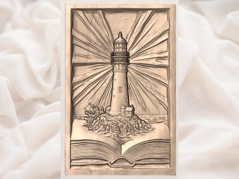Lighthouse Rising From an Open Book Bas-Relief STL bas-relief STL — view 3