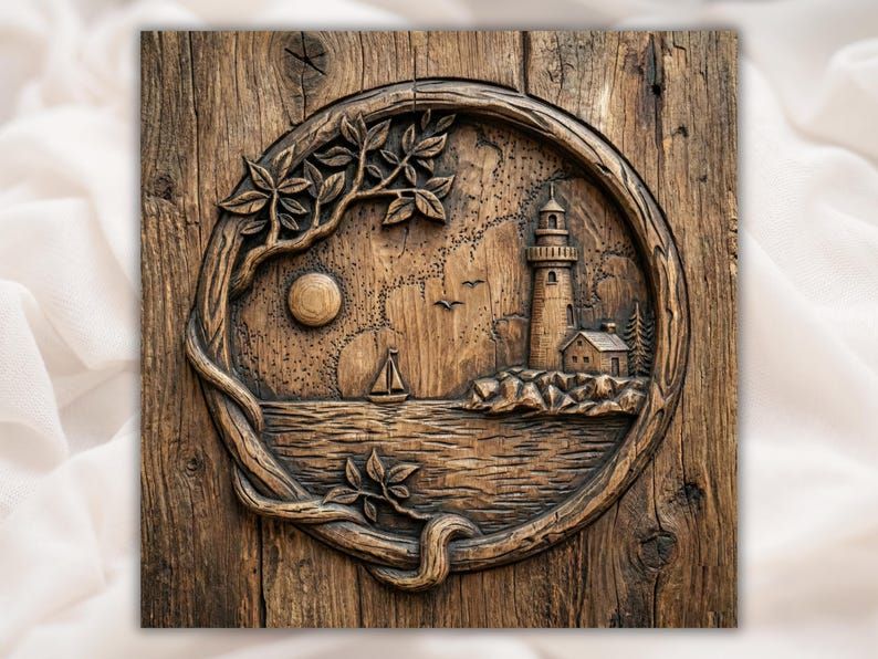 Round bas-relief carving of a lighthouse, cottage, sailboat, moon, birds, and tree branches over water.