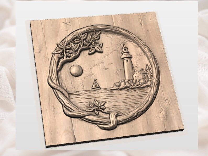 Round Lighthouse Harbor Scene Bas-Relief STL for CNC Carving bas-relief STL — view 2