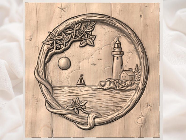 Round Lighthouse Harbor Scene Bas-Relief STL for CNC Carving bas-relief STL — view 3
