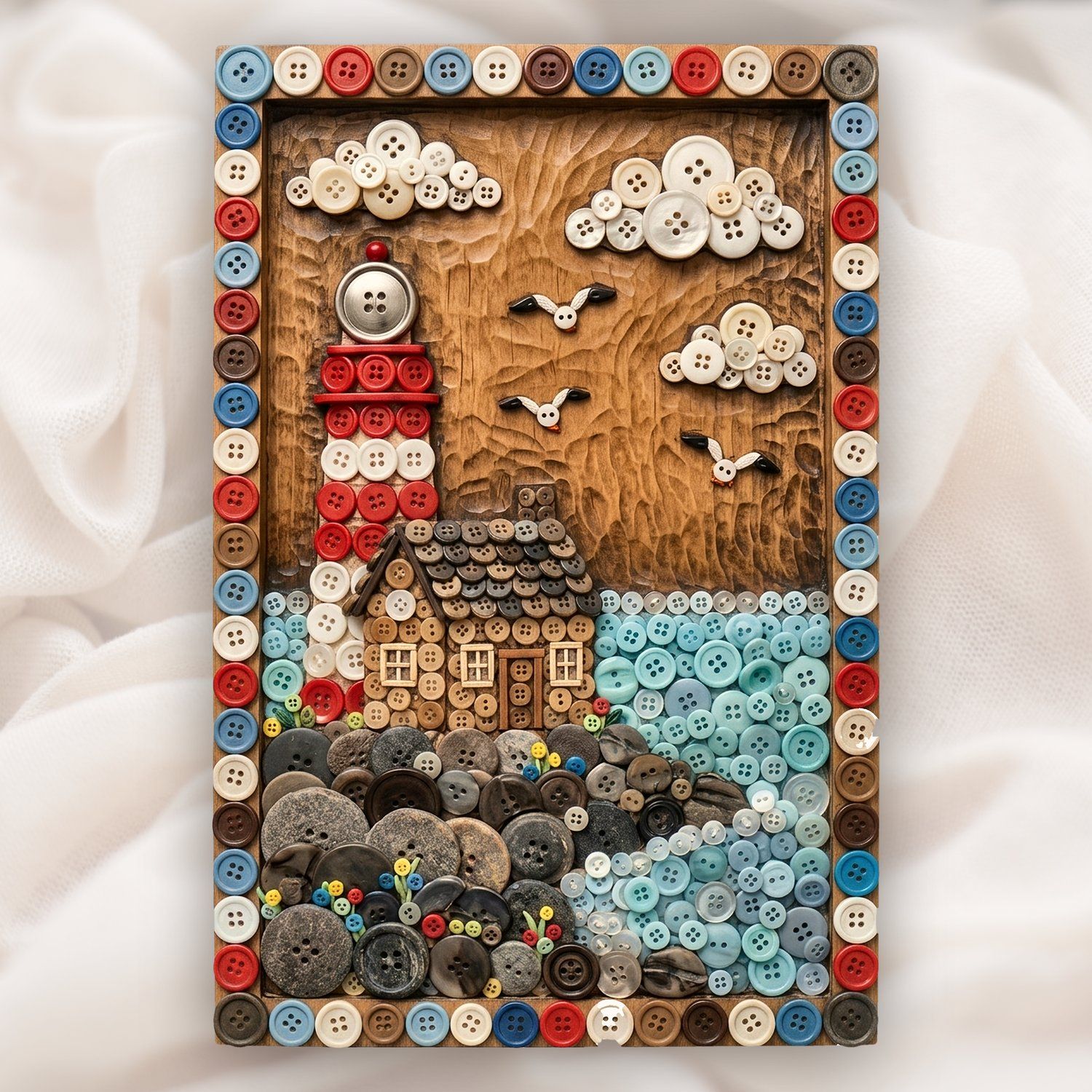 Lighthouse Coastal Scene CNC Relief STL | Seaside Button Art Wall Decor | VCarve Aspire Design — carved bas relief STL file for CNC