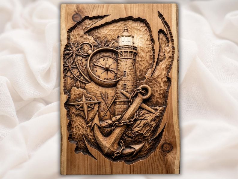 Carved wood bas-relief of a lighthouse, brass compass, anchor and chain with a compass rose on rocky coast