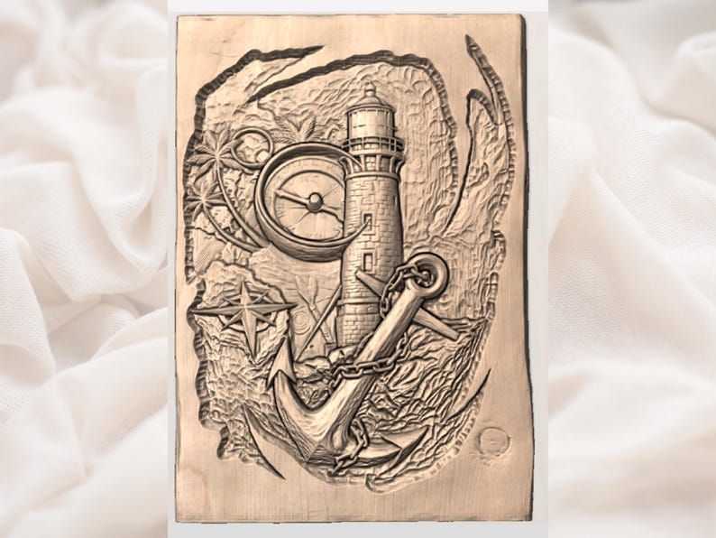 Lighthouse, Compass and Anchor Nautical Bas-Relief STL bas-relief STL — view 2