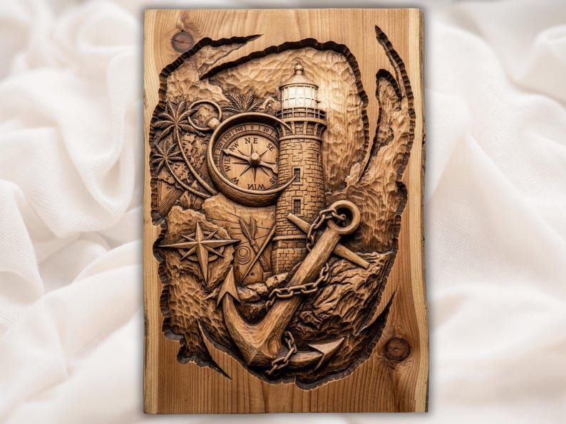Lighthouse, Compass and Anchor Nautical Bas-Relief STL bas-relief STL design