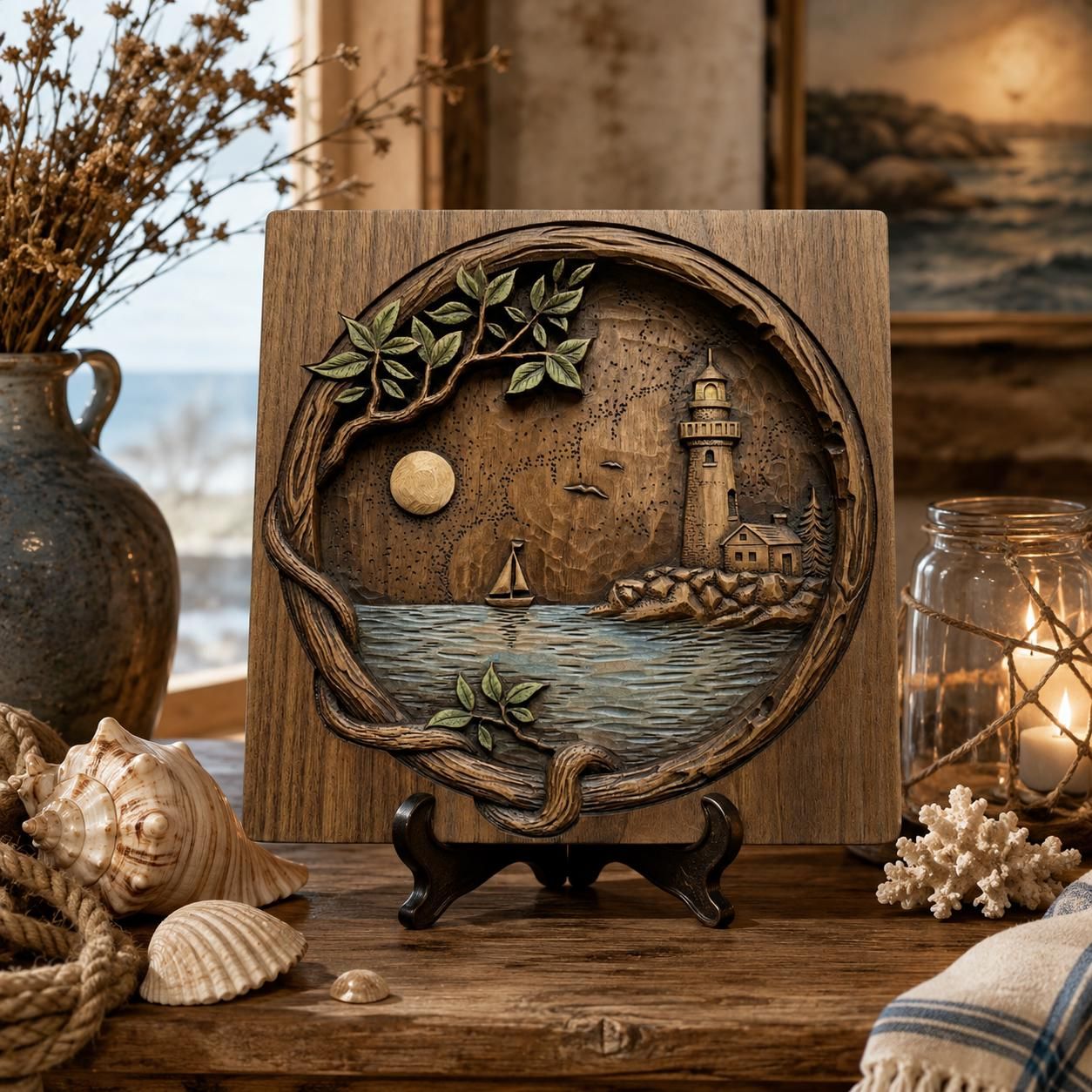 Carved wood bas-relief of a lighthouse, cottage, sailboat and moon over rippled sea inside a driftwood branch frame.