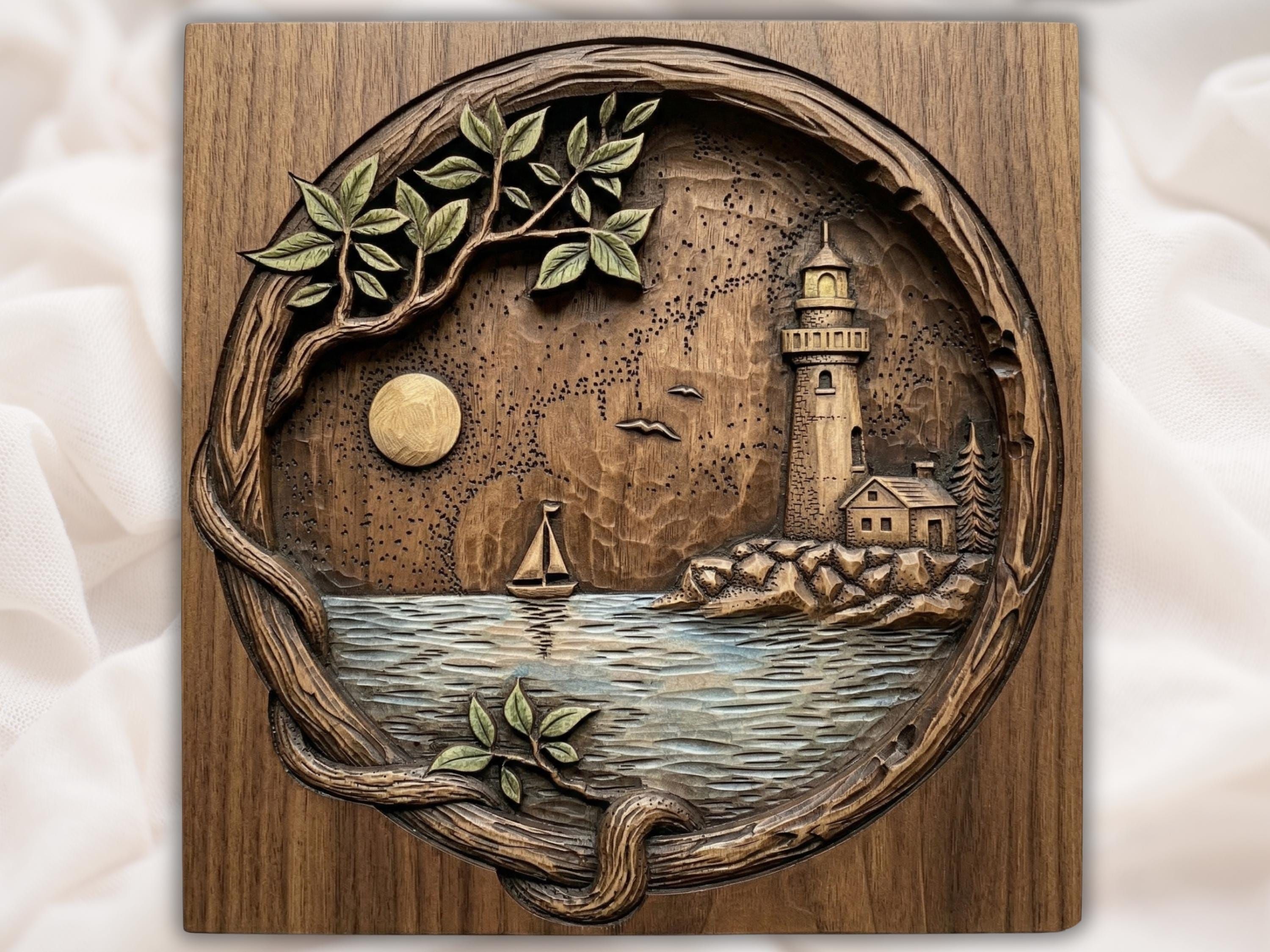 Lighthouse Cove Bas-Relief STL with Sailboat and Moonlit Sea bas-relief STL — view 2