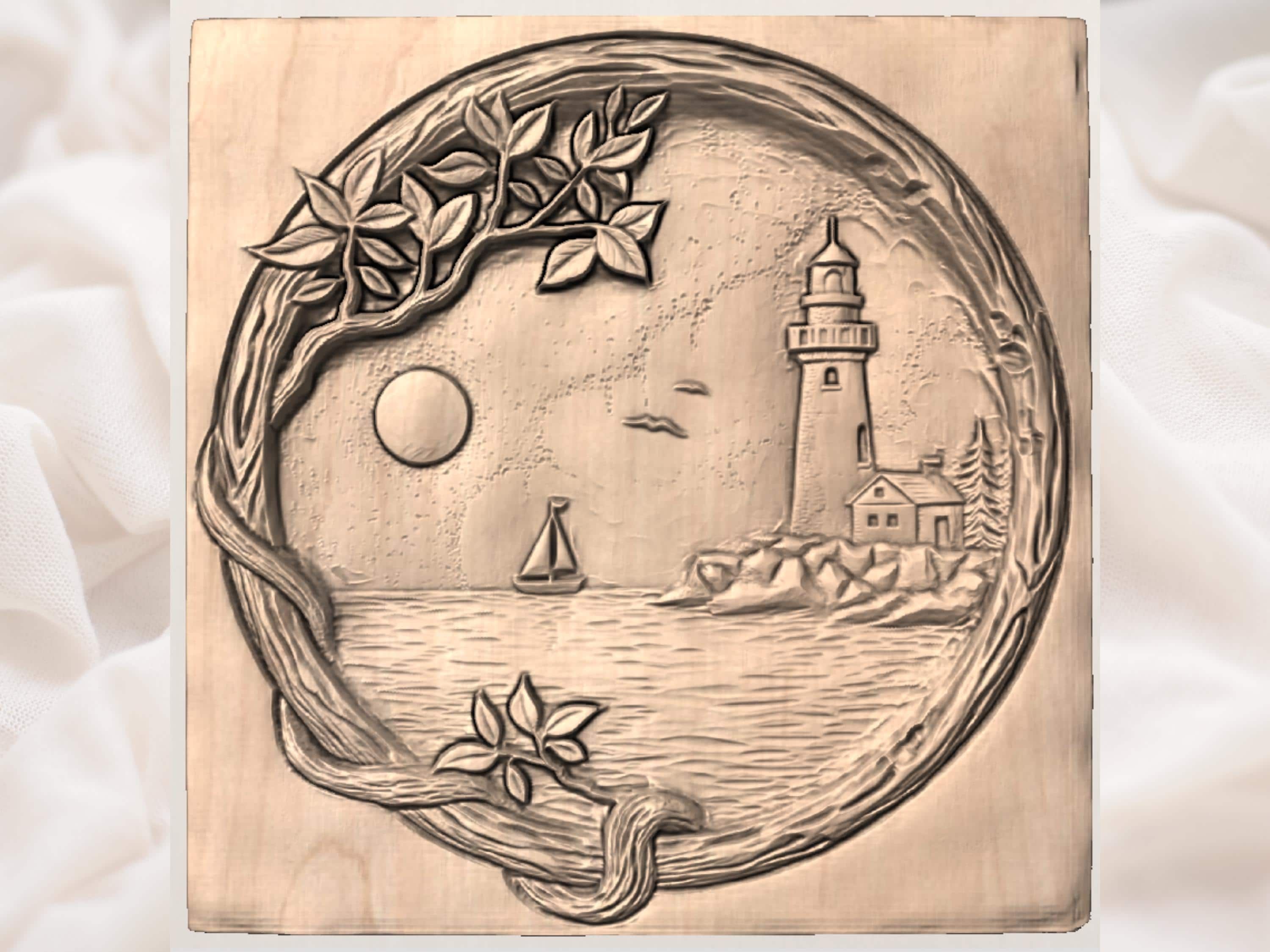 Lighthouse Cove Bas-Relief STL with Sailboat and Moonlit Sea bas-relief STL — view 3
