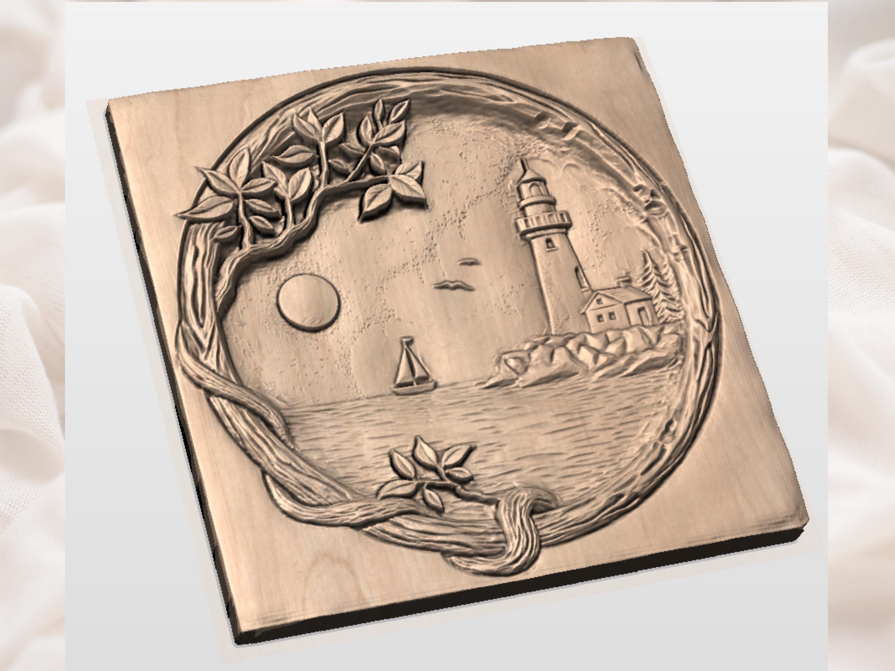 Lighthouse Cove Bas-Relief STL with Sailboat and Moonlit Sea bas-relief STL — view 4